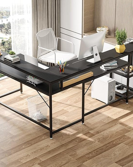 L-Shaped Desk with Monitor Shelf, Black - LeafyLoom