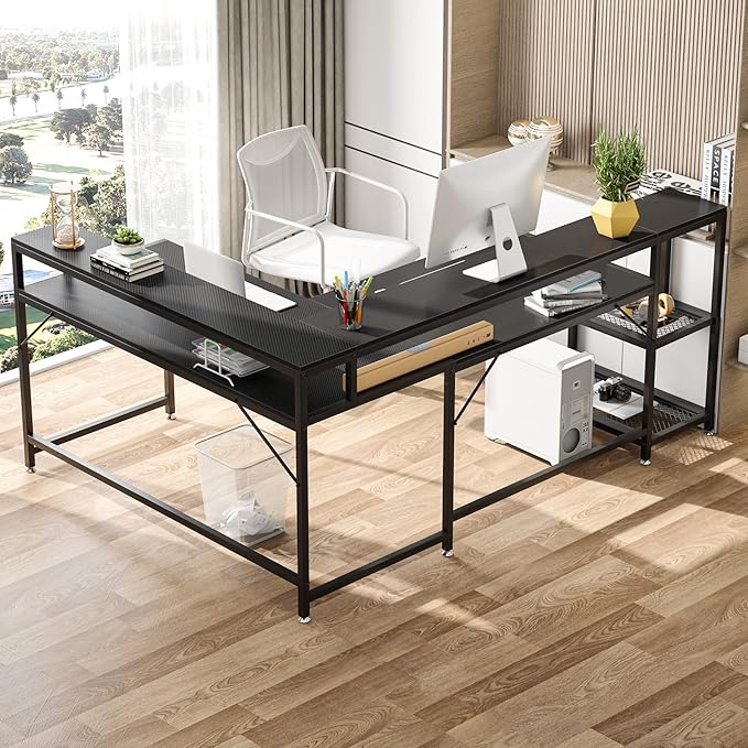 L-Shaped Desk with Monitor Shelf, Black - LeafyLoom