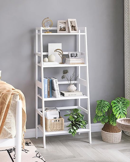 White Ladder Bookshelf, Leaning Bookcase, 4-Tier Bamboo Shelf, Floor Standing Storage Shelving Unit, Open Display Book Shelves - LeafyLoom