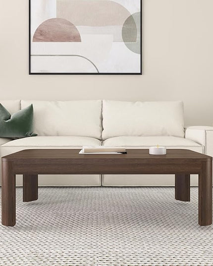 Plank+Beam Modern Rounded Coffee Table, 48 Inch, Solid Wood Contemporary Center Table for Living Room, Rectangle Tea Table, Walnut - LeafyLoom