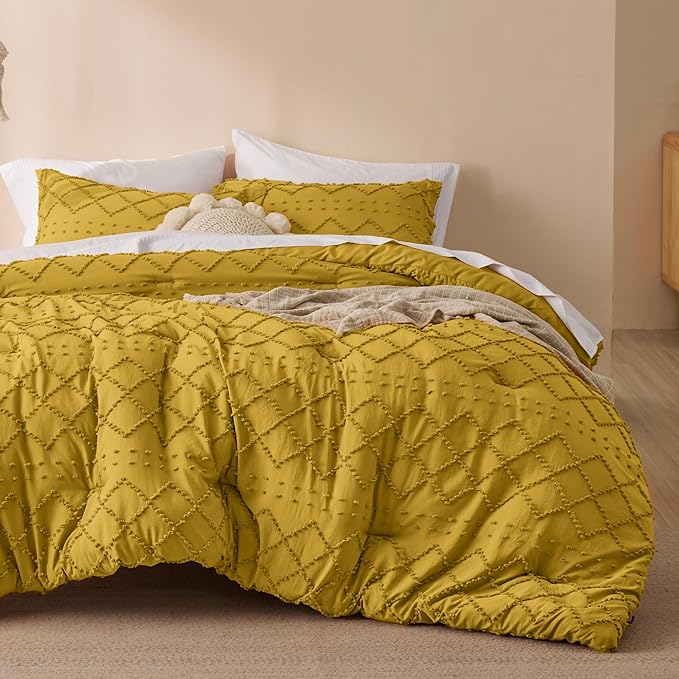 Bedsure Twin/Twin XL Comforter Set - Mustard Yellow Boho Twin Extra Long Comforter Set for College, Shabby Chic Dorm Bedding Set, 2 Pieces Modern Farmhouse Bed Set, includes 1 Pillow Sham - LeafyLoom