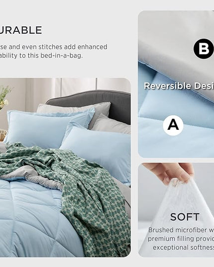 Bedsure Sky Blue Twin Size Comforter Set - 5 Pieces Reversible Twin Bed in a Bag, Extra Long Twin Bed Set with Comforters, Sheets, Pillowcase & Sham, Twin Bedding Sets for College - LeafyLoom