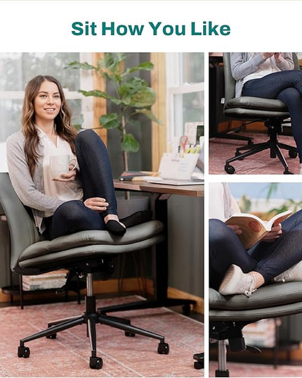 Criss Cross Chair with Wheels - Cross Legged Office Chair, Wide Armless Desk Chair Comfy Swivel Vanity Chair for Home Office, PU Leather - Grey - LeafyLoom