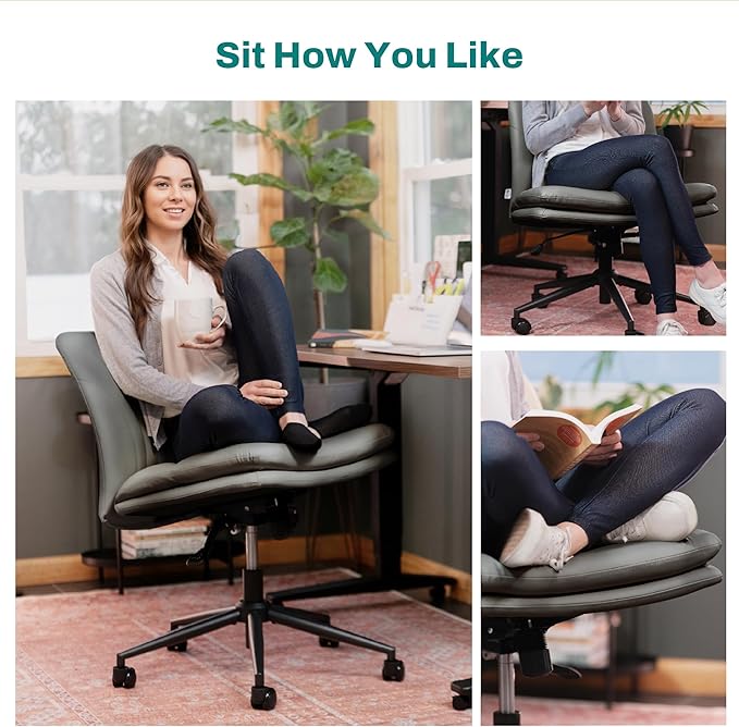 Criss Cross Chair with Wheels - Cross Legged Office Chair, Wide Armless Desk Chair Comfy Swivel Vanity Chair for Home Office, PU Leather - Grey - LeafyLoom