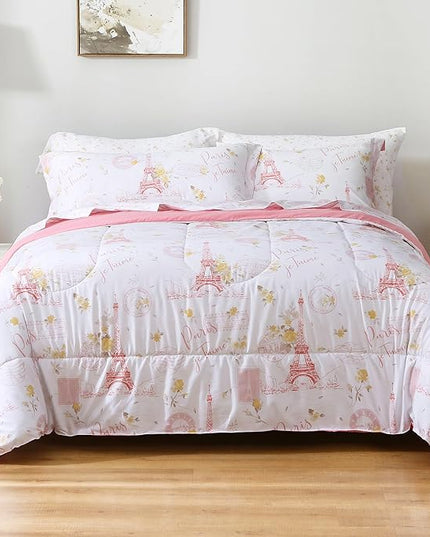 Printed Queen Bedding Sets with Comforter and Sheets, 7 Piece Bed in A Bag Comforter Set with Fluffy Microfiber, Romantic Paris City Floral Pink Retro Eiffel Tower Pattern - LeafyLoom