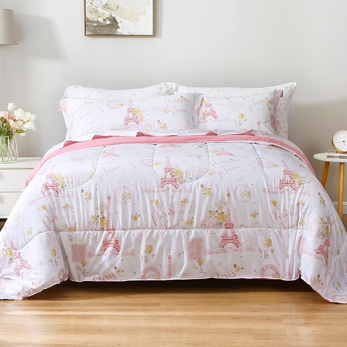 Printed Queen Bedding Sets with Comforter and Sheets, 7 Piece Bed in A Bag Comforter Set with Fluffy Microfiber, Romantic Paris City Floral Pink Retro Eiffel Tower Pattern - LeafyLoom