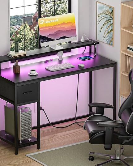 GreenForest Computer Desk with Drawers 47 inch,Gaming Desk with LED Lights & Power Outlets Small Desk with Monitor Stand and Reversible Shelf,Black - LeafyLoom