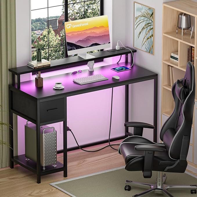 GreenForest Computer Desk with Drawers 47 inch,Gaming Desk with LED Lights & Power Outlets Small Desk with Monitor Stand and Reversible Shelf,Black - LeafyLoom