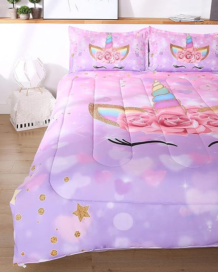 Unicorn Kid's Comforter Set 3pc Pink Flower Girl Soft Unicorn Bedding Sets - LeafyLoom