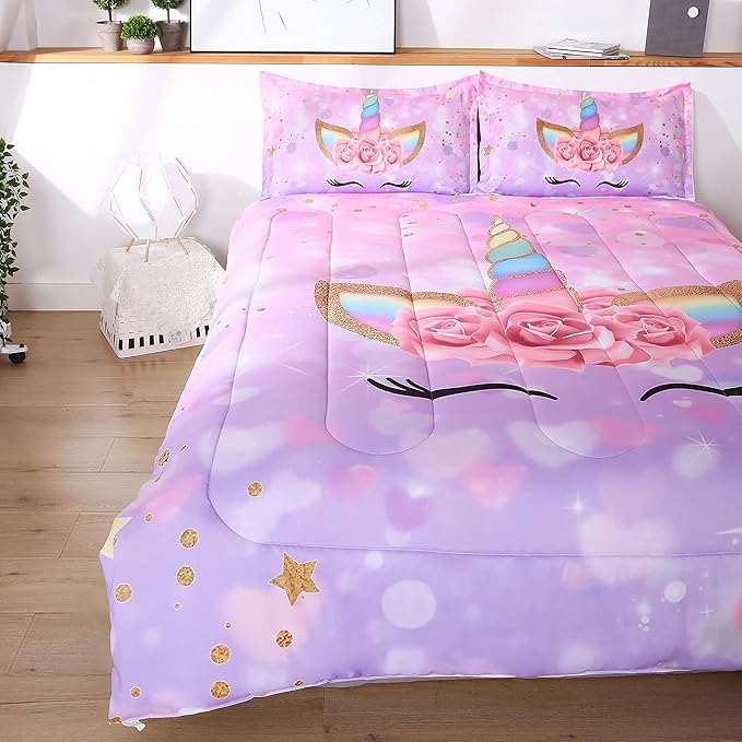 Unicorn Kid's Comforter Set 3pc Pink Flower Girl Soft Unicorn Bedding Sets - LeafyLoom