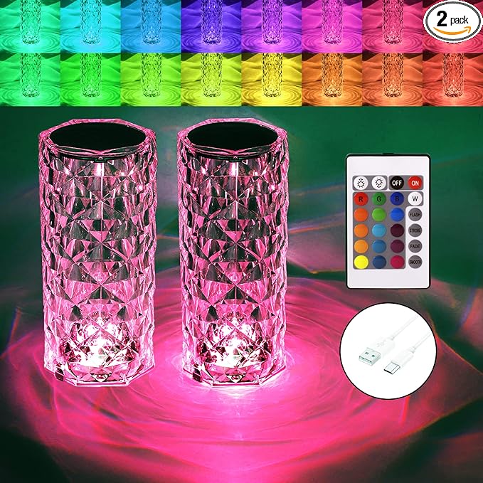 Crystal Table Lamp RGB Color Changing Night Lights (2 Pack) Crystal Rose Diamond Touch Lamp for Bedroom Living Room Decor (Remote & Touch Control) - LeafyLoom