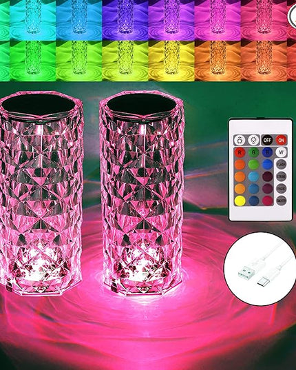 Crystal Table Lamp RGB Color Changing Night Lights (2 Pack) Crystal Rose Diamond Touch Lamp for Bedroom Living Room Decor (Remote & Touch Control) - LeafyLoom