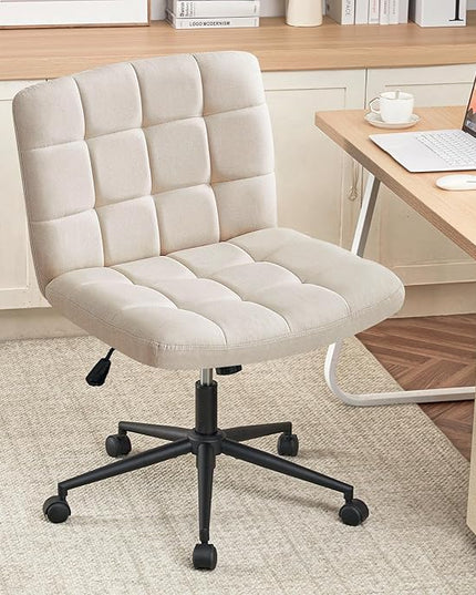 Furniliving Home Office Desk Chair with Wheels,Criss Cross Legged Wide Chair Armless Height Adjustable Chair with Mid Back Swivel Accent Vanity Chairs,Linen-Beige - LeafyLoom