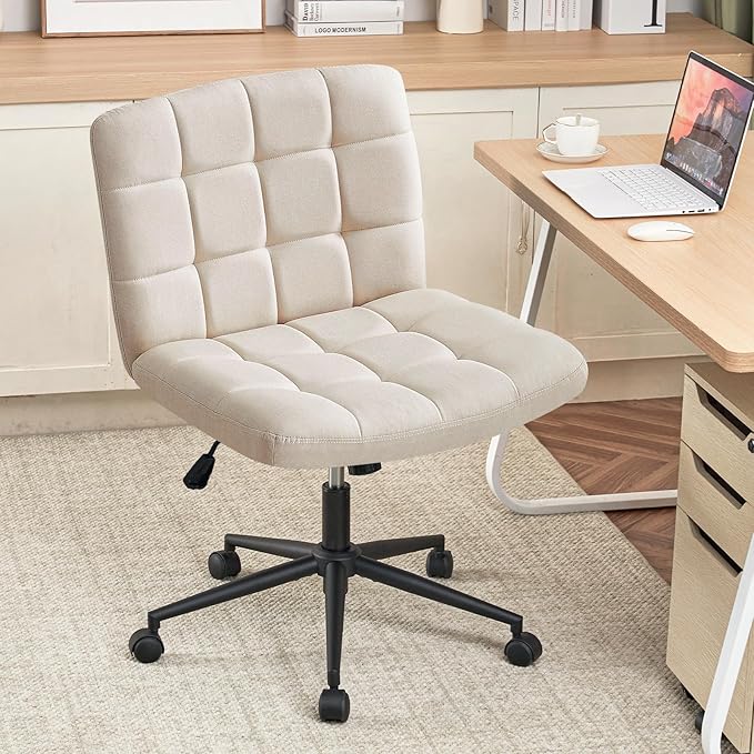 Furniliving Home Office Desk Chair with Wheels,Criss Cross Legged Wide Chair Armless Height Adjustable Chair with Mid Back Swivel Accent Vanity Chairs,Linen-Beige - LeafyLoom