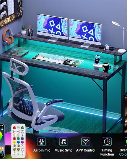 55 inch Computer Desk with Power Outlets, Office Desk Gaming desk with LED Lights, Home Office Desk with Monitor Shelf, Modern Work Desk Study Writing Table for Bedroom, Black Oak - LeafyLoom