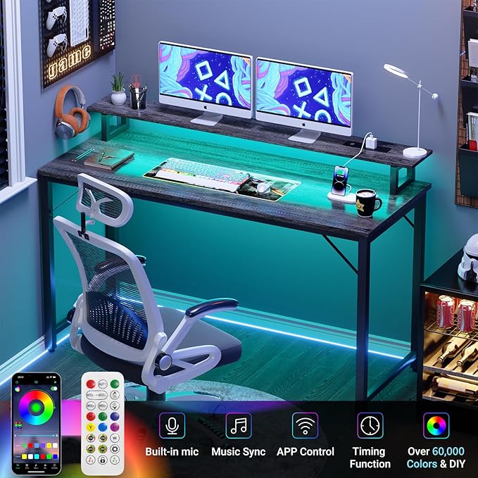 55 inch Computer Desk with Power Outlets, Office Desk Gaming desk with LED Lights, Home Office Desk with Monitor Shelf, Modern Work Desk Study Writing Table for Bedroom, Black Oak - LeafyLoom