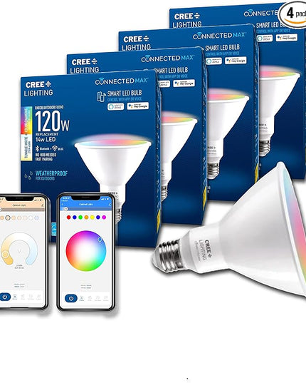 Cree Lighting Connected Max Smart Led Bulb Par38 Outdoor Flood Tunable White + Color Changing, 2.4 Ghz, Compatible with Alexa and Google Home, No Hub Required, Bluetooth + WiFi, Pack of 4 CreeLighting