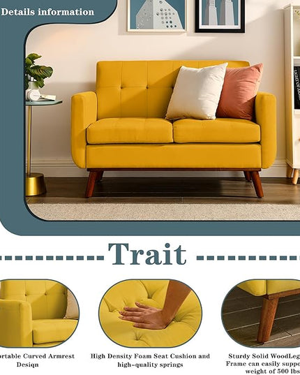 Double Sofa, Modern Decoration Living Room Love Seat Sofa Simple and Atmospheric, Button Plush Soft Cushion Love Seat Furniture, Easy to Install Bedroom Small Sofa (Yellow) - LeafyLoom