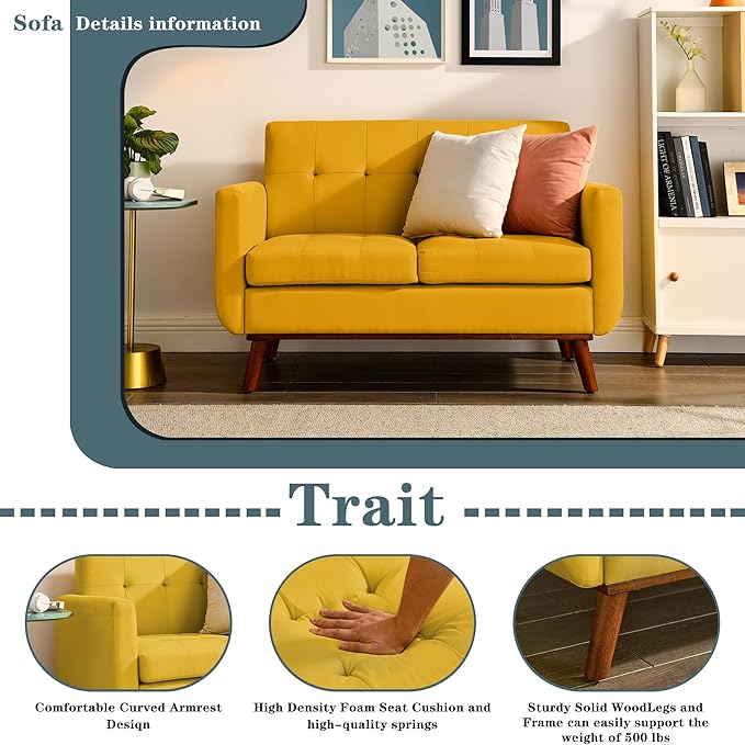 Double Sofa, Modern Decoration Living Room Love Seat Sofa Simple and Atmospheric, Button Plush Soft Cushion Love Seat Furniture, Easy to Install Bedroom Small Sofa (Yellow) - LeafyLoom