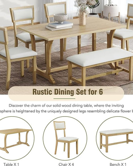 Dining Table Set for 6, Farmhouse 6-Piece Trestle Dining Room Table Set with Upholstered Dining Chairs and Bench, Kitchen Table Set for Dining Room, Brown+Beige - LeafyLoom