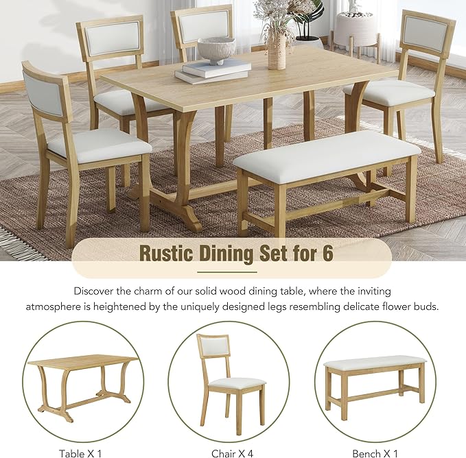 6-Piece Wood Rectangular Dining Table Set with 4 Upholstered Arched Back Chairs and Bench, for Kitchen, Living Room, Farmhouse, Brown, 59" L x 35.4" W x 30" H - LeafyLoom