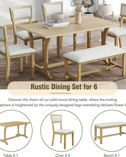 Farmhouse Style Trestle Upholstered 4 Chairs and Bench, Rubber Wood w/Flower Buds Shaped Legs Room, Kitchen, Brown+Beige, 6 Piece Dining Table Set - LeafyLoom