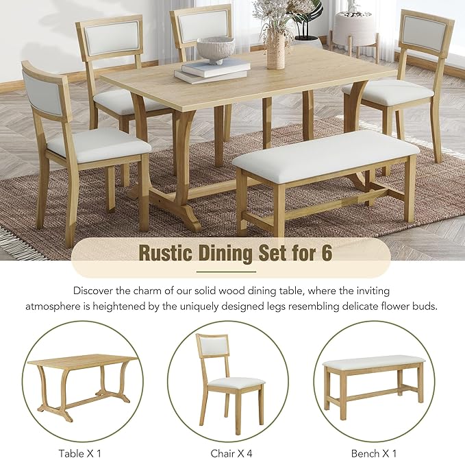 Farmhouse Style Trestle Upholstered 4 Chairs and Bench, Rubber Wood w/Flower Buds Shaped Legs Room, Kitchen, Brown+Beige, 6 Piece Dining Table Set - LeafyLoom