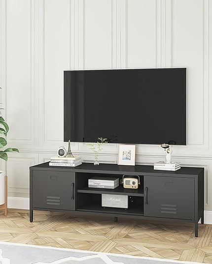 TV Stand for 55 60 inch TV, Metal TV Cabinet Modern Mid Century Entertainment Center with Storage, TV Industrial Media Console Table 2 Cabinet for Living Room, Bedroom, Office (Black) - LeafyLoom
