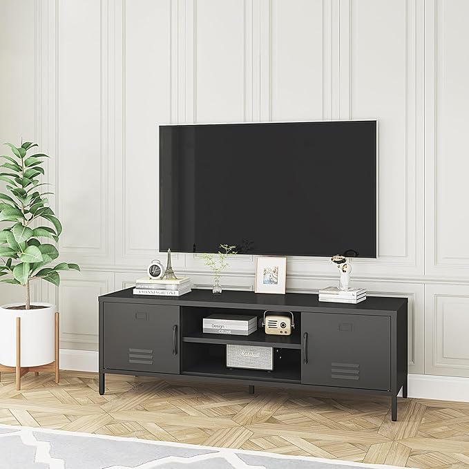 TV Stand for 55 60 inch TV, Metal TV Cabinet Modern Mid Century Entertainment Center with Storage, TV Industrial Media Console Table 2 Cabinet for Living Room, Bedroom, Office (Black) - LeafyLoom