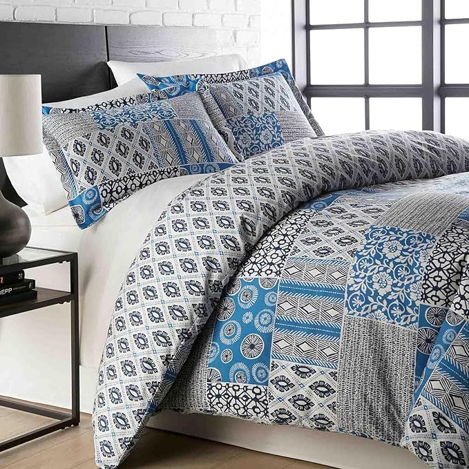 Southshore Fine Living, Inc. Twin Size Comforter Set with Pillow Sham, Reversible Global Patchwork Quilt is 2 Colors in 1 - Alternative Down Comforter Twin/Twin XL, Soft Microfiber, Blue & White - LeafyLoom