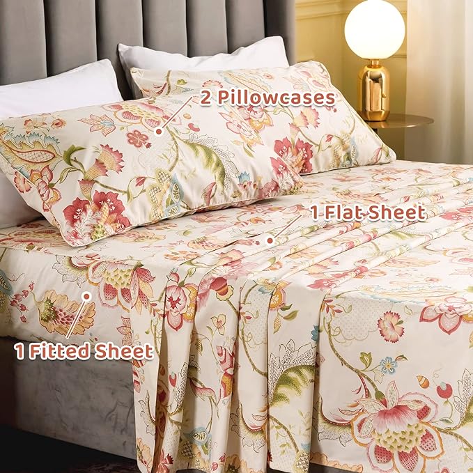 QSH Floral Bed Sheets Set - Queen Size Boho Lotus Print Bed Sheet Set - Extra Soft and Breathable 100% Egyptian Cotton - Farmhouse Bedding - 4 pcs Deep Pockets Flower Bed Sheets - LeafyLoom