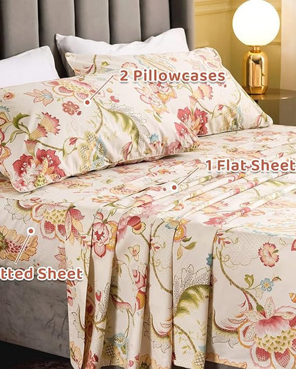 QSH Floral King Size Sheet Sets - Lotus Botanical Print Printed Bedding 100% Egyptian Cotton Sheets for King Size Bed Sheets with Deep Pockets Extra Soft and Breathable 4pcs - LeafyLoom