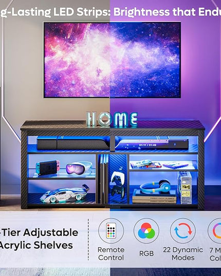 Bestier LED Tall TV Stand, Entertainment Center for 55/60/65 inch TV, Gaming TV Console with Storage for PS5, Adjustable Shelf Modern High TV Cabinet for Living Room Bedroom, Carbon Fiber Black - LeafyLoom