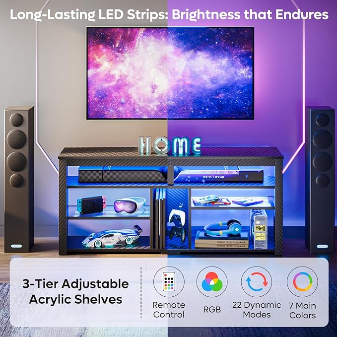 Bestier LED Tall TV Stand, Entertainment Center for 55/60/65 inch TV, Gaming TV Console with Storage for PS5, Adjustable Shelf Modern High TV Cabinet for Living Room Bedroom, Carbon Fiber Black - LeafyLoom