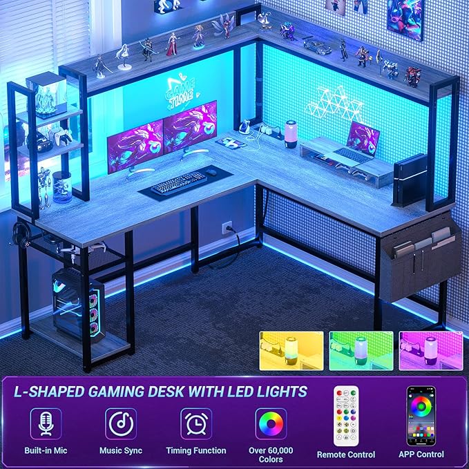 Aheaplus L Shaped Desk with Power Outlet, L Shaped Gaming Desk with Led Light & Hutch, Reversible Home Office Desk, Corner Computer Desk Writing Desk with Monitor Stand & Storage Shelves, White Oak - LeafyLoom