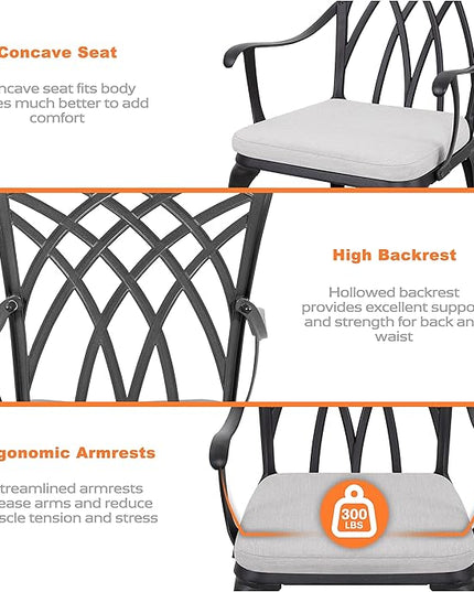 NUU GARDEN Bistro Set 3 Piece Outdoor Cast Aluminum Patio Bistro Set Patio Table and Chairs Set of 2 with Umbrella Hole and Gray Cushions, Black - LeafyLoom