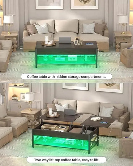 Aheaplus Coffee Table, Lift Top Coffee Table with LED light and Power Outlet, Modern Lift-Top Table with Storage Shelf, Center Table for Living Room with Lift Tabletop, X Support Metal Frame, Espresso - LeafyLoom