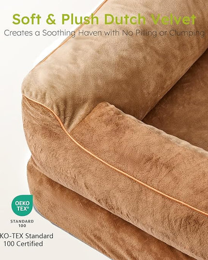 Jumbo Orthopedic Dog Bed for Extra Large Dogs With Cooling Gel Memory Foam, Waterproof, Removable Washable Cover, 45" Sofa Couch, Dutch Velvet With Bone Toy, Brown LeafyLoom