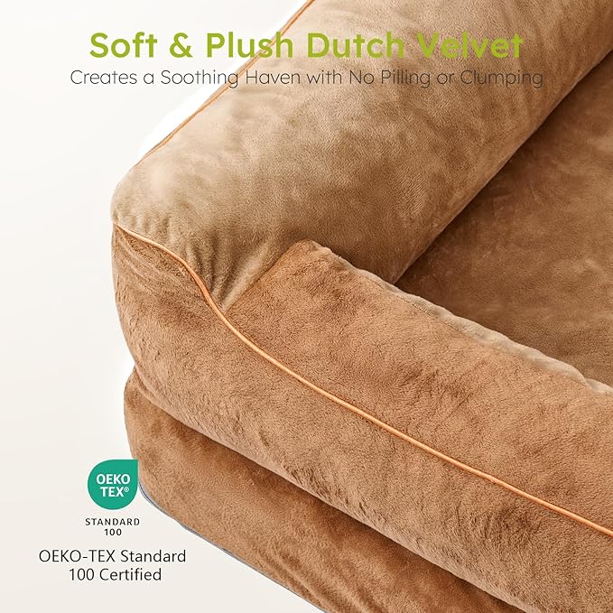 Jumbo Orthopedic Dog Bed for Extra Large Dogs With Cooling Gel Memory Foam, Waterproof, Removable Washable Cover, 45" Sofa Couch, Dutch Velvet With Bone Toy, Brown LeafyLoom