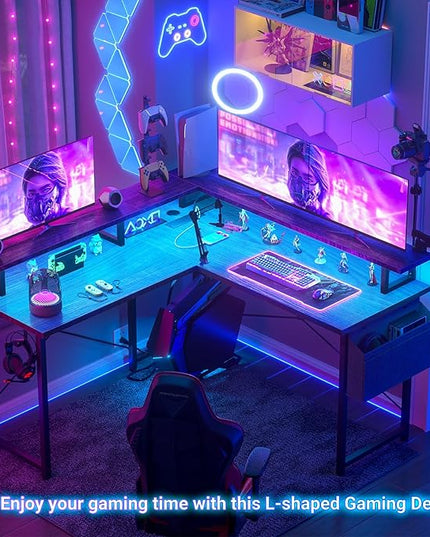 armocity L Shaped Computer Desk with Power Outlets, Gaming Desk L Shaped with LED Lights, Corner Desk with Storage Shelves, Work Study Desk for Bedroom, Home Office Small Spaces, 47'', Black - LeafyLoom