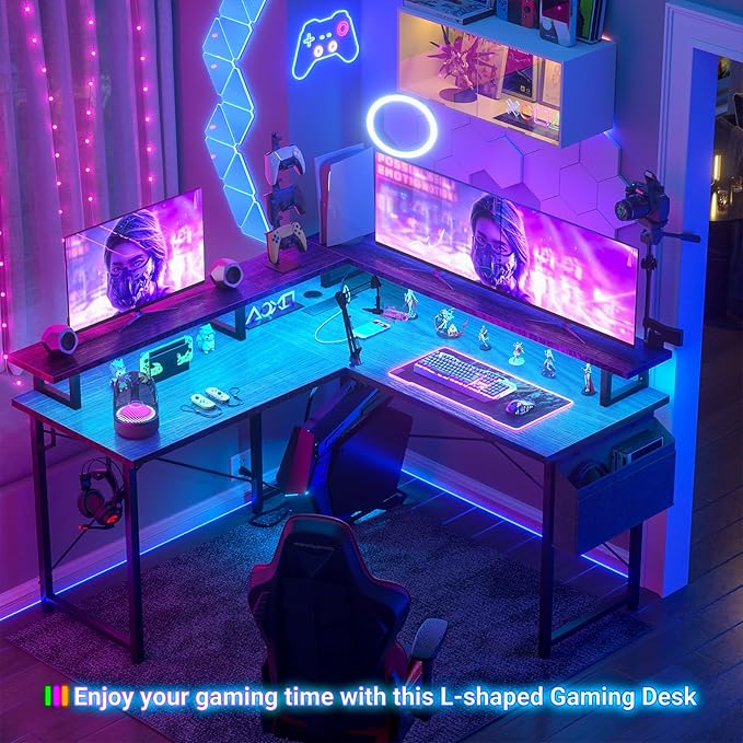 armocity L Shaped Computer Desk with Power Outlets, Gaming Desk L Shaped with LED Lights, Corner Desk with Storage Shelves, Work Study Desk for Bedroom, Home Office Small Spaces, 47'', Black - LeafyLoom