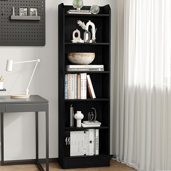 6-Tier Bookshelf, 66.7 Inches Floor Standing Bookcase, Display Storage Shelf, Corner Shelf, Home Decor Furniture for Home Office, Living Room, Bedroom, Black 02904XBC - LeafyLoom