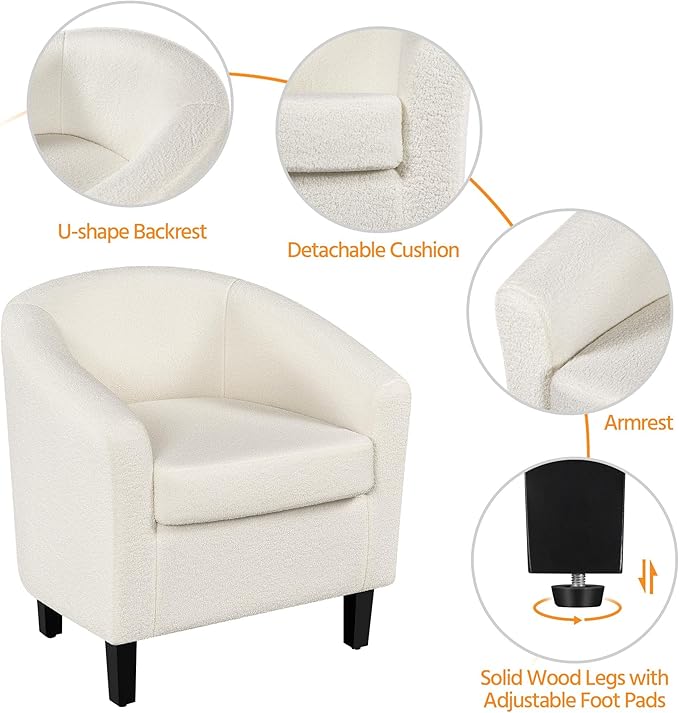 Yaheetech Accent Chair and Ottoman Set, Modern Fuzzy Sherpa Barrel Chair and Footrest, Comfy Boucle Armchair and Footstool for Living Room/Bedroom/Reading Room/Guestroom, Ivory - LeafyLoom