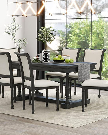 59.4 Inch Dining Table Set for 6, 7-Piece Dining Table with 4 Trestle Base and 6 Upholstered Chairs with Slightly Curve and Ergonomic Seat Back, Black - LeafyLoom