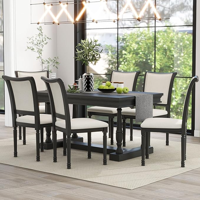 59.4 Inch Dining Table Set for 6, 7-Piece Dining Table with 4 Trestle Base and 6 Upholstered Chairs with Slightly Curve and Ergonomic Seat Back, Black - LeafyLoom
