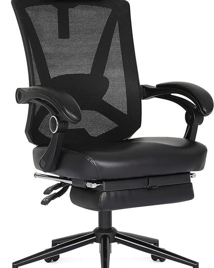 Misolant Ergonomic Office Chair with Footrest, Ergonomic Desk Chair with Adjustable 2D Lumbar Support, High Back Office Chair with Adjustable Headrest, Comfortable Leather Office Chair -Black - LeafyLoom