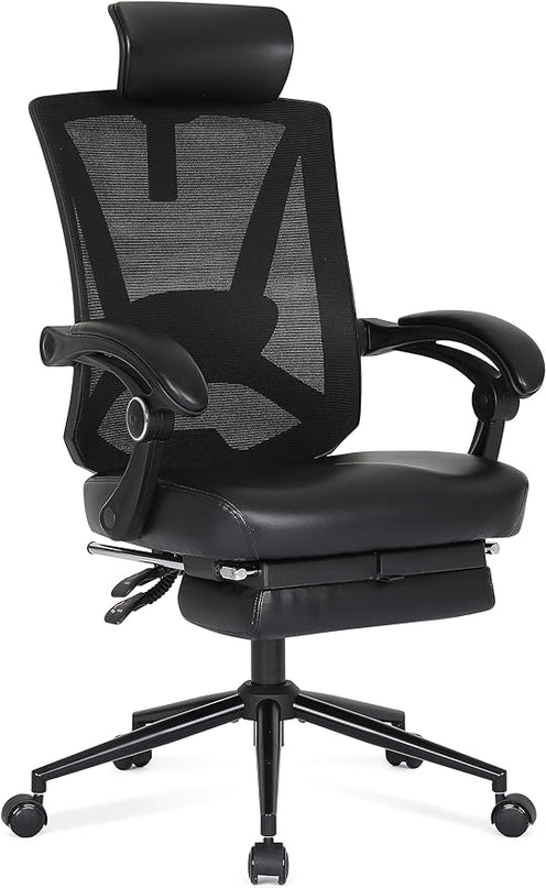 Misolant Ergonomic Office Chair with Footrest, Ergonomic Desk Chair with Adjustable 2D Lumbar Support, High Back Office Chair with Adjustable Headrest, Comfortable Leather Office Chair -Black - LeafyLoom