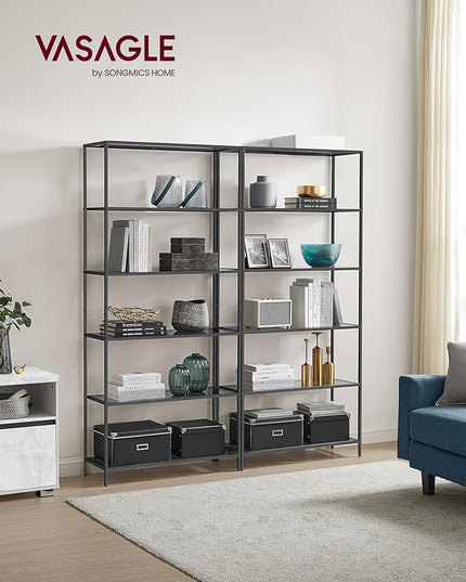 VASAGLE Bookcase, 6-Tier Bookshelf, Slim Shelving Unit for Bedroom, Bathroom, Home Office, Tempered Glass, Steel Frame, Ink Black and Slate Gray ULGT503G01 - LeafyLoom