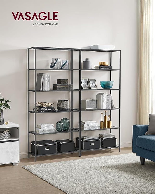 VASAGLE Bookcase, 6-Tier Bookshelf, Slim Shelving Unit for Bedroom, Bathroom, Home Office, Tempered Glass, Steel Frame, Ink Black and Slate Gray ULGT503G01 - LeafyLoom