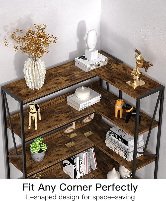 Bookshelf 6 Tier Corner Shelf, 77" Industrial Large Corner Etagere Bookcase, 6-Shelf Tall Corner L Shaped Storage Display Rack for Living Room Home Office - LeafyLoom